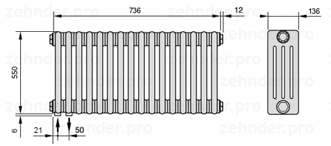 Схема (чертеж) Радиатор Zehnder Charleston 4055/16 №3370 Белый глянцевый RAL 9016